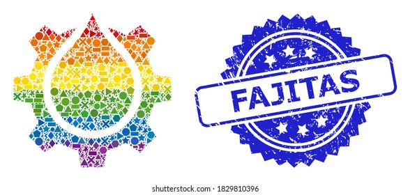 Spectrum colored vector water gear service collage for LGBT, and Fajitas textured rosette stamp. Blue stamp seal includes Fajitas caption inside rosette.
