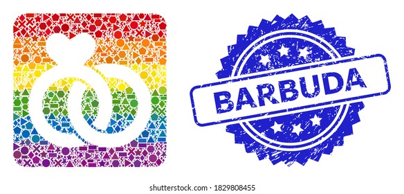 Spectrum colored vector wedding rings mosaic for LGBT, and Barbuda grunge rosette stamp seal. Blue stamp seal contains Barbuda tag inside rosette.