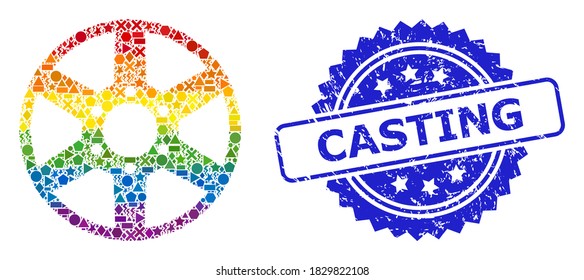 Spectrum colored vector wheel collage for LGBT, and Casting scratched rosette seal. Blue seal has Casting caption inside rosette. Geometric random dots are organized into abstract collage wheel icon.