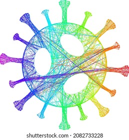 Spectrum colored wire frame 2019-ncov virus. Geometric linear frame 2D net based on 2019-ncov virus icon, generated with intersected lines, with spectrum gradient.