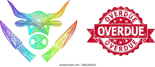 Spectrum colored wire frame butchery knives, and Overdue corroded ribbon stamp seal. Red stamp has Overdue title inside ribbon.Geometric linear frame 2D network based on butchery knives icon,