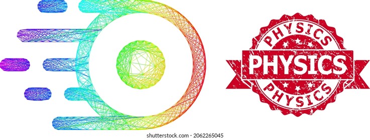 Spectrum colored wire frame core flight, and Physics textured ribbon seal print. Red stamp seal includes Physics title inside ribbon.Geometric wire frame flat network based on core flight icon,