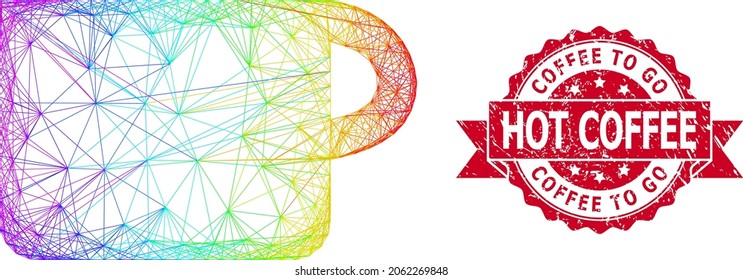 Spectrum colored wire frame cup, and Coffee to Go Hot Coffee rubber ribbon stamp seal. Red stamp includes Coffee to Go Hot Coffee text inside ribbon.