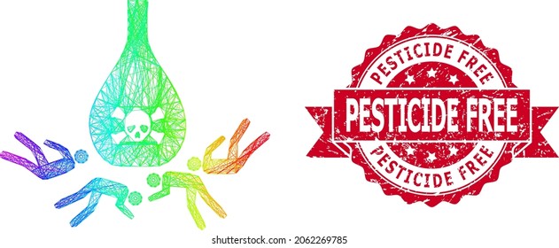 Spectrum colored wire frame dead poisoned people, and Pesticide Free corroded ribbon seal. Red stamp seal has Pesticide Free tag inside ribbon.