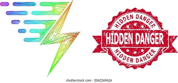 Die spektrum-farbigen Draht-Rahmen elektrischen Strom, und versteckte Gefahr schmutzigen Bandstempel. Rote Stempelrobbe enthält den Titel Hidden Danger in der Schleife.