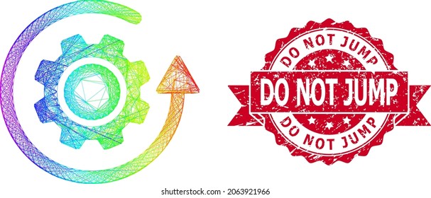 Spectrum colored wire frame gear rotation, and Do Not Jump rubber ribbon stamp. Red seal has Do Not Jump title inside ribbon.Geometric wire frame flat network based on gear rotation icon,