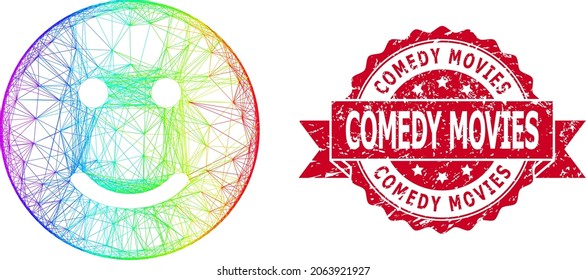 Spectrum colored wire frame glad smiley, and Comedy Movies textured ribbon stamp. Red stamp seal includes Comedy Movies tag inside ribbon.Geometric wire frame 2D network based on glad smiley icon,