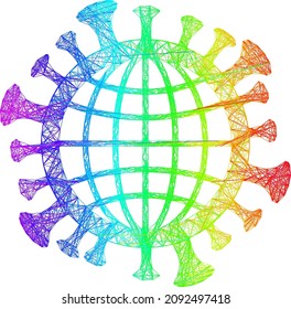 Spectrum colored wire frame global coronavirus. Geometric linear frame flat network based on global coronavirus icon, generated with intersected lines, with spectral gradient.