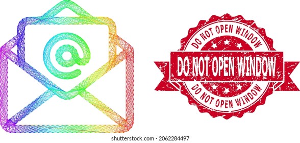 Spectrum colored wire frame open email, and Do Not Open Window textured ribbon stamp seal. Red seal contains Do Not Open Window title inside ribbon.
