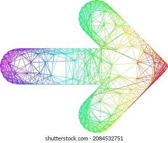 Dirección derecha del marco de alambre de color espectral. Red plana de marco con rayado geométrico basada en el icono de dirección derecha, generada con líneas cruzadas, con gradiente de espectro.