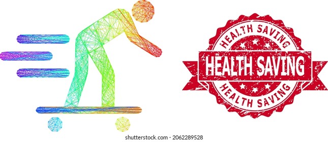 Spectrum colored wire frame scate roller man, and Health Saving rubber ribbon stamp. Red stamp contains Health Saving caption inside ribbon.