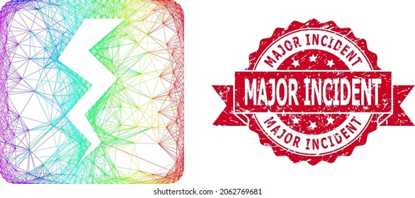 Spectrum colored wire frame thunder crack, and Major Incident dirty ribbon stamp. Red stamp seal has Major Incident title inside ribbon.Geometric linear frame flat net based on thunder crack icon,
