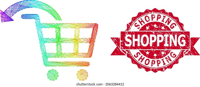 Spectrum colored wire frame undo shopping order, and Shopping corroded ribbon stamp seal. Red seal has Shopping title inside ribbon.Geometric wire frame 2D net based on undo shopping order icon,