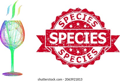 Spectrum colored wire frame wine flavour, and Species unclean ribbon stamp seal. Red stamp contains Species title inside ribbon.Geometric linear frame 2D network based on wine flavour icon,