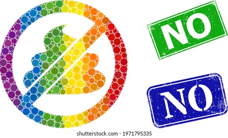 Spectrum colorful gradient circle collage no shit, and No rubber framed rectangle stamp seals. Blue and green stamp seals include No title inside framed rectangles.