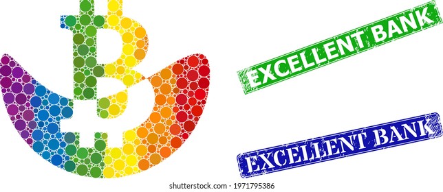Spectrum colorful gradient circle collage melting bitcoin, and Excellent Bank textured framed rectangle stamp seals. Blue and green seals contain Excellent Bank text inside framed rectangles.