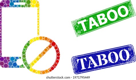 Spectrum colorful gradient circle collage deny smartphone, and Taboo textured framed rectangle stamp seals. Blue and green stamp seals have Taboo title inside framed rectangles.