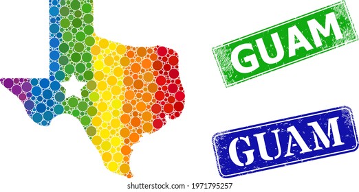 Spectrum colorful gradient circle mosaic texas map logo, and Guam rubber framed rectangle watermarks. Blue and green seals include Guam tag inside framed rectangles.