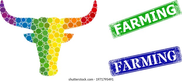Spectrum colorful gradient circle mosaic cow head, and Farming rubber framed rectangle stamp seals. Blue and green stamp seals include Farming caption inside framed rectangles.