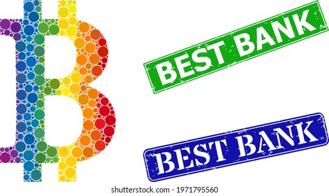 Spectrum colorful gradient round dot mosaic bitcoin symbol, and Best Bank grunge framed rectangle seals. Blue and green seals include Best Bank caption inside framed rectangles.