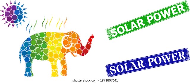 Spectrum colorful gradiented circle collage elephant under sun heat, and Solar Power grunge framed rectangle seal imitations. Blue and green stamps contain Solar Power title inside framed rectangles.