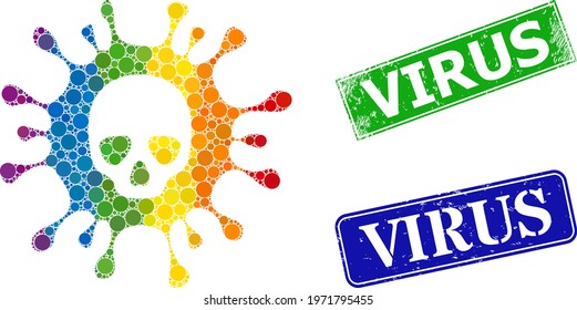 Spectrum colorful gradiented circle mosaic death virus, and Virus dirty framed rectangle seal prints. Blue and green stamps include Virus text inside framed rectangles.