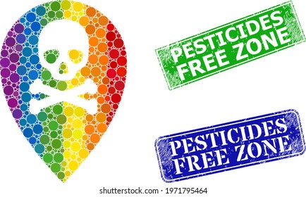 Spectrum colorful gradiented circle mosaic dead place marker, and Pesticides Free Zone unclean framed rectangle stamps.