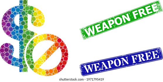 Spectrum colorful gradiented round dot mosaic forbidden dollar, and Weapon Free rubber framed rectangle seals. Blue and green stamp seals have Weapon Free title inside framed rectangles.