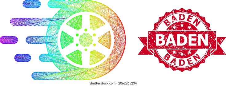 Spectrum colorful net car wheel, and Baden grunge ribbon seal. Red stamp seal includes Baden tag inside ribbon.Geometric hatched frame flat net based on car wheel icon, generated from crossed lines,