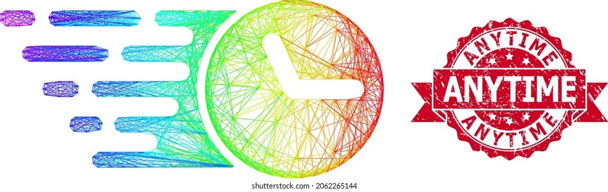 Spectrum colorful net clock, and Anytime textured ribbon stamp seal. Red stamp includes Anytime title inside ribbon.Geometric hatched carcass flat network based on clock icon,