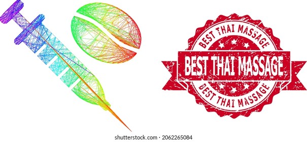 Spectrum colorful net coffein syringe, and Best Thai Massage dirty ribbon stamp. Red stamp seal has Best Thai Massage tag inside ribbon.Geometric linear carcass 2D net based on coffein syringe icon,