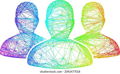Spectrum colorful net leader men group. Geometric hatched frame flat net based on leader men group icon, generated with crossed lines, with spectral gradient.