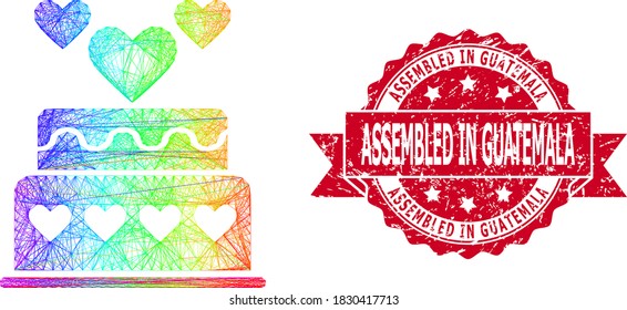 Spectrum colorful net marriage cake, and Assembled in Guatemala dirty ribbon stamp seal. Red stamp seal includes Assembled in Guatemala text inside ribbon.