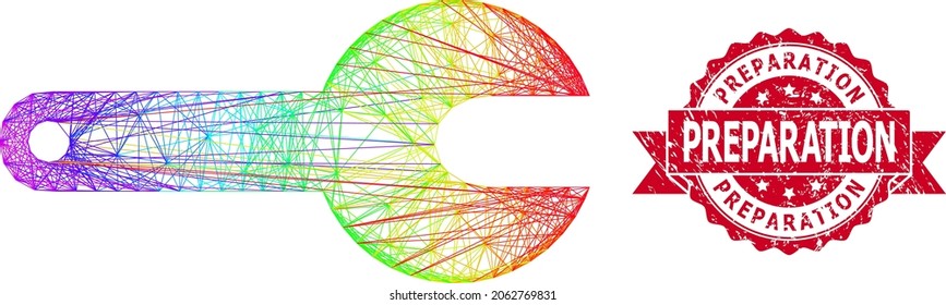 Spectrum colorful net spanner tool, and Preparation rubber ribbon seal print. Red seal contains Preparation caption inside ribbon.Geometric hatched carcass flat net based on spanner tool icon,