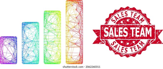 Spectrum Colorful Network Bar Chart, And Sales Team Grunge Ribbon Stamp Seal. Red Stamp Includes Sales Team Text Inside Ribbon.Geometric Hatched Carcass Flat Network Based On Bar Chart Icon,