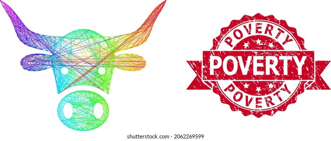 Spectrum colorful network cow head, and Poverty grunge ribbon seal imitation. Red stamp seal has Poverty caption inside ribbon.Geometric wire carcass 2D network based on cow head icon,