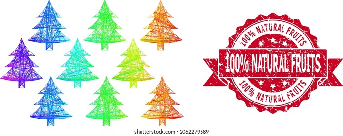 Spectrum colorful network fir forest, and 100 percent Natural Fruits textured ribbon stamp. Red stamp seal contains 100 percent Natural Fruits text inside ribbon.