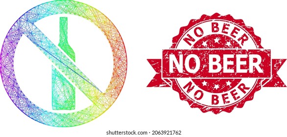Spectrum colorful network forbidden alcohol, and No Beer dirty ribbon stamp seal. Red stamp has No Beer caption inside ribbon.Geometric wire carcass 2D network based on forbidden alcohol icon,
