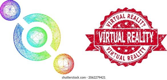 Conector de unión de red de color espectro y sello de cinta de goma de Realidad Virtual. El sello rojo incluye el título de Realidad virtual dentro de la cinta.