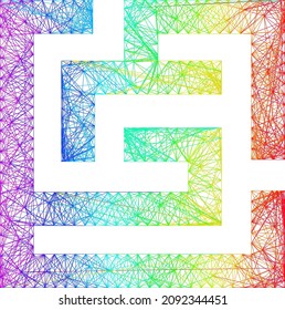 Spectrum colorful network labyrinth. Geometric wire frame 2D network based on labyrinth icon, generated from crossing lines, with spectrum gradient.
