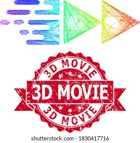 Spectrum colorful network move, and 3D Movie rubber ribbon stamp seal. Red seal has 3D Movie title inside ribbon.Geometric wire frame flat network based on move icon, generated with intersected lines,