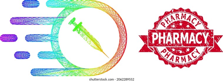 Spectrum colorful network rush vaccine, and Pharmacy textured ribbon seal imitation. Red stamp seal includes Pharmacy title inside ribbon.Geometric linear frame 2D network based on rush vaccine icon,
