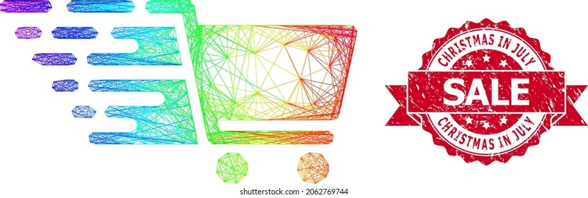 Spectrum colorful network supermarket cart, and Christmas in July Sale dirty ribbon seal imitation. Red seal includes Christmas in July Sale caption inside ribbon.