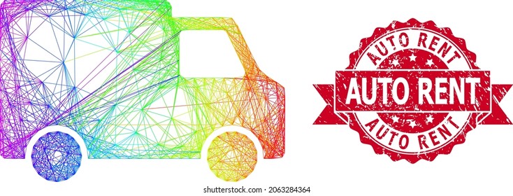 Spectrum colorful network van car, and Auto Rent scratched ribbon stamp. Red stamp contains Auto Rent caption inside ribbon.Geometric hatched frame 2D network based on van car icon,