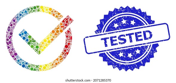 Spectrum colorful vector accept tick mosaic for LGBT, and Tested corroded rosette seal. Blue seal includes Tested caption inside rosette.