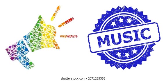 Spectrum colorful vector advertising megaphone collage for LGBT, and Music textured rosette stamp seal. Blue seal contains Music title inside rosette.