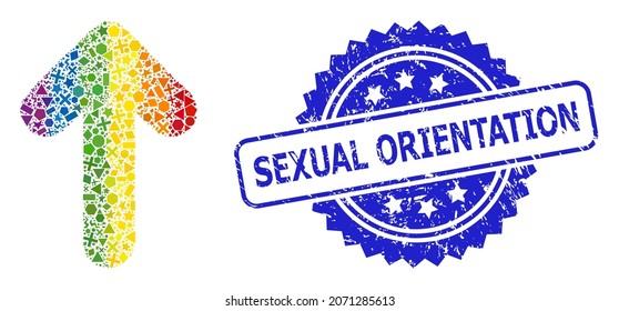 Collage de la flecha del vector de color del espectro para LGBT, y estampado de rosette corroído por orientación sexual. El sello azul contiene el título Orientación sexual dentro de la rosette.