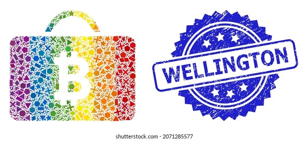 Spectrum colorful vector bitcoin case collage for LGBT, and Wellington unclean rosette seal. Blue seal includes Wellington caption inside rosette.