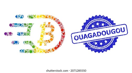 Espectro colorido mosaico de bitcoin vectorial para LGBT, y sello del sello de la rosette grunge de Uagadugú. El sello azul incluye el texto de Uagadugú dentro de la rosette.
