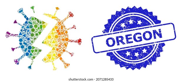 Spectrum colorful vector broken virus collage for LGBT, and Oregon dirty rosette seal imitation. Blue stamp seal contains Oregon tag inside rosette.